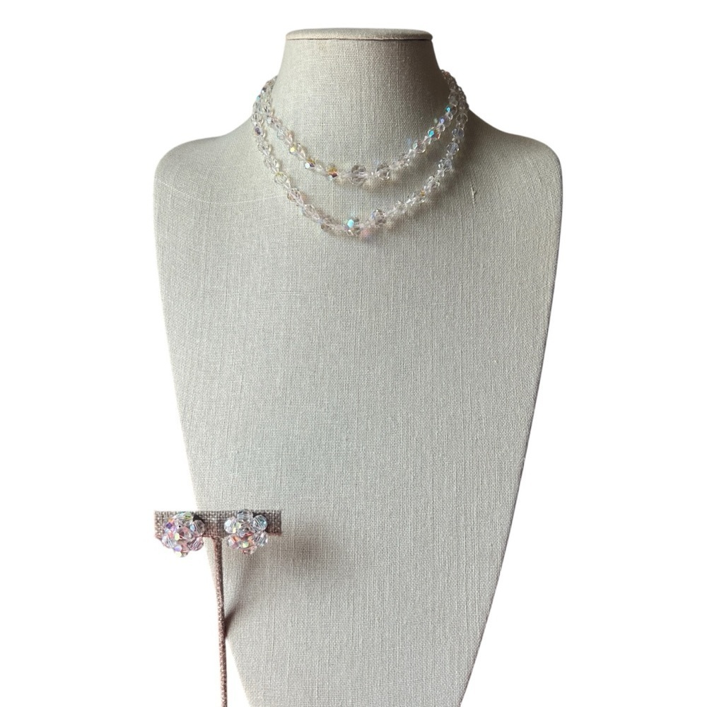 50s Aurora Borealis Clear Crystal Double Strand Necklace and Clip-on Earring Set